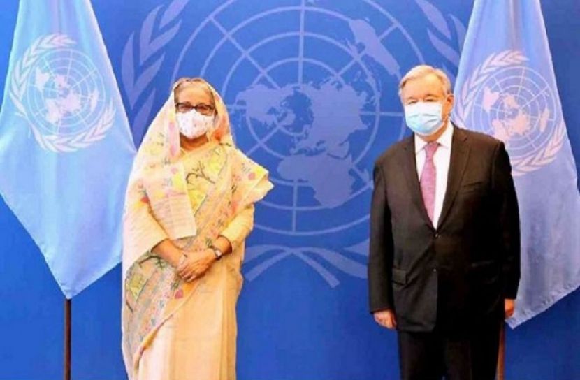 প্রধানমন্ত্রী শেখ হাসিনা ও জাতিসংঘ মহাসচিব এন্তোনিও গুতেরেস। ছবি: ইউএনবি