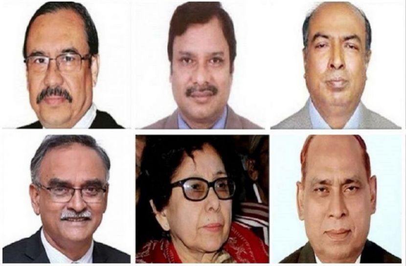ওপরে বাঁ থেকে বিচারপতি ওবায়দুল হাসান, বিচারপতি এস এম কুদ্দুস জামান, সোহরাব হোসাইন; নিচে বাঁ থেকে মুসলিম চৌধুরী, অধ্যাপক আনোয়ারা সৈয়দ হক ও মুহাম্মদ ছহুল হোসাইন (ছবি-সংগৃহীত)